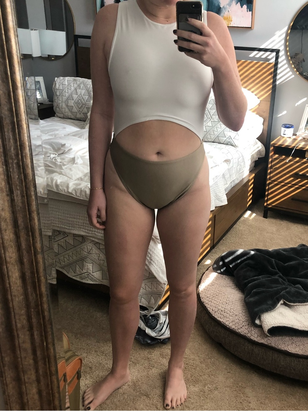 Baja East White Cutout High-Rise Bodysuit with Tan Bottom